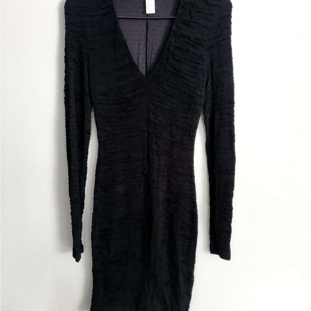 H&M long sleeve rouched V neck midi dress in black